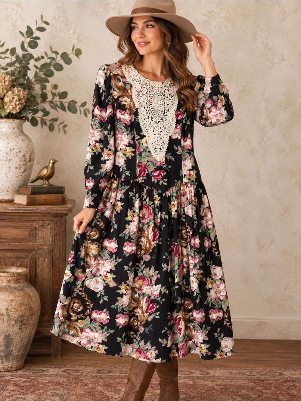 Vintage EXPO Floral Lace Bib Maxi Dress • Size 12